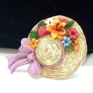 Spring Summer Bonnet Hat Flowers Bow Resin Pin Back Hat Pin Vintage Jewelry